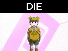 a little girl wearing a yellow sweater and a green hat with the word die on the bottom
