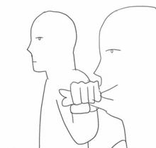 a black and white drawing of a person holding another person 's fist to their face .