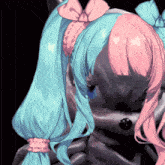 a girl with blue and pink hair has a pink bow in her hair