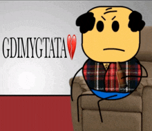 a cartoon character is sitting in a chair with the word gdimygtata behind him