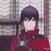 a cartoon character with blue eyes and a red jacket is standing in front of a wall
