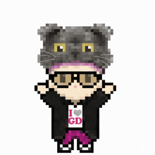 a pixel art of a person wearing glasses and a shirt that says i heart gd