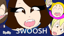 a cartoon of a girl with the word swoosh on the bottom right