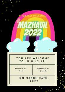 a poster for mazhavil 2022 with a rainbow in the background
