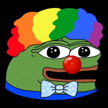 a green frog wearing a clown costume with a red nose