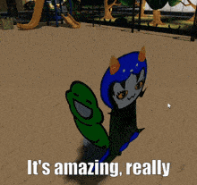 a cartoon character says it 's amazing really next to a green frog