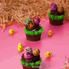 a pink table with cupcakes and chicks and the words mr.cakes on the bottom right