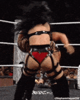 a woman in a red bikini is wrestling another woman in a wrestling ring