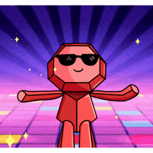 a red robot wearing sunglasses is dancing on a colorful dance floor