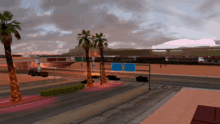 a computer generated image of a desert landscape with palm trees and a highway