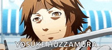 a close up of a person holding a sword with the name yosuke huzzamura on the bottom