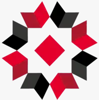 a circle of red and black squares and diamonds on a white background