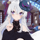 a girl with white hair and purple eyes is wearing a cat mask and a black dress .