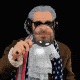 a man wearing a wig and sunglasses is holding a magnifying glass in front of his face