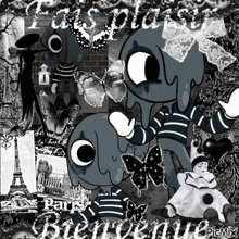 a black and white collage with a cartoon character and the words " paris " on the bottom
