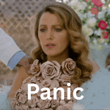 a woman in a dress with roses on it is being held by someone and the word panic is above her