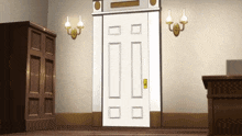 a white door in a room with two lamps