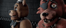 a teddy bear and a fox are standing next to each other in a dark room