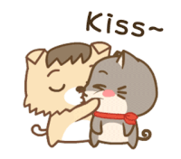 a cartoon of a dog kissing a cat with the word kiss below