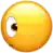 a close up of a yellow smiley face with a white eye and a black eye .