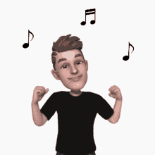 a man in a black shirt is surrounded by music notes on a white background