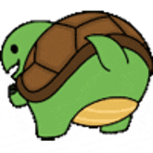 a cartoon turtle with a brown shell and a green body is standing on a white background .