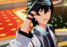 a man in a white jacket and black gloves holds his hand to his forehead