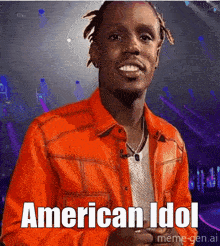 a man in an orange jacket with the words american idol written on it