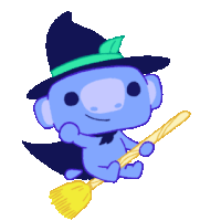 a cartoon of a koala wearing a witch hat flying on a broom