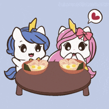 two unicorns are sitting at a table with bowls of food and a heart above them that says braveunicorn