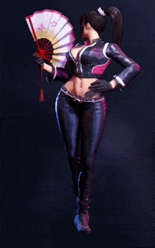 a woman in a black and pink outfit holds a fan in her right hand