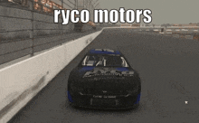 a race car is driving down a race track with the words `` ryco motors '' written on the screen .
