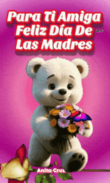 a teddy bear is holding a bouquet of flowers on a pink background