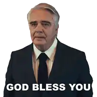 a man in a suit and tie with the words god bless you written below him
