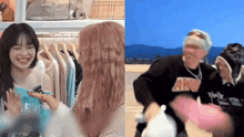 a woman in a closet next to a man in a hoodie that says ayo