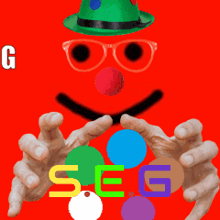 a clown with glasses and a green hat is holding a seg symbol