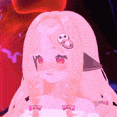 a girl with pink hair has a skull and crossbones pin in her hair