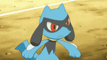 a blue cartoon character with red eyes and a black mask on his face