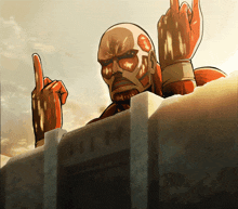 a cartoon of a man giving the middle finger with a building in the background