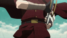 a man in a red uniform is holding a sword in his right hand