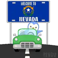 a welcome to nevada sign with a penguin in a green car