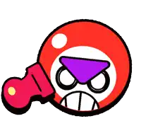 a cartoon smiley face with a purple triangle on top of it is holding a red object .