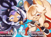 an advertisement for epic kiwi and carmen manju cookie from sagae cookie