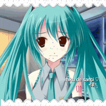 a picture of a girl with blue hair and the name miku de santi