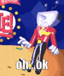 a pixel art of a man with a tv head and the words oh ok on the bottom