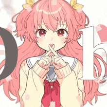 a girl with pink hair is making a silence gesture