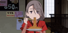 a cartoon girl is eating noodles with chopsticks in front of a sign that says 50