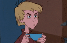 a cartoon character is holding a blue cup of coffee and making a surprised face .