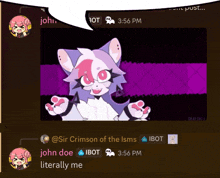 a screenshot of a chat between john doe and sir crimson of the isms at 3:56 pm