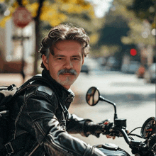 a man wearing a leather jacket and a backpack is sitting on a motorcycle